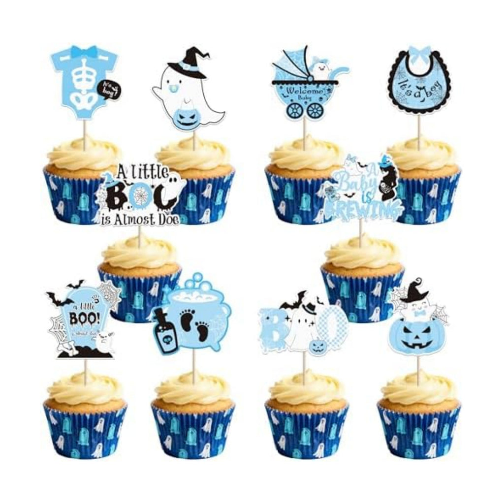 Rsstarxi 40 Pack Halloween Baby Shower Cupcake Topper Spooky Witch Cupcake Picks A Baby Is Brewing Cake Decorations for Happy Halloween Boo Gneder Reveal Boys Birthday Party Supplies Blue