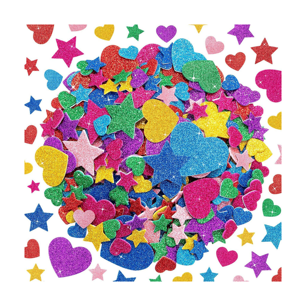 1024PCS Glitter Foam Stickers for Kids - Self-Adhesive Heart & Star Shapes, Sparkle Craft Stickers for DIY Greeting Cards, Scrapbooking, Home Decor, Envelopes & Children's Art Projects