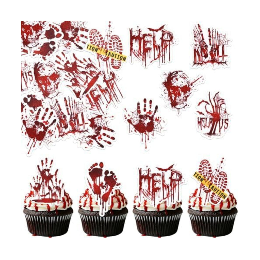 64 PCS Edible Halloween Cupcake Toppers Wafer Paper Horror Blood Skull Zombie Hand Bat Cupcake Picks Edible Have a Killer Birthday Cake Decorations for Halloween Theme Killer Birthday Party Supplies