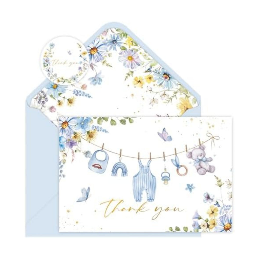 48 Pack Blue Flower Baby Shower Thank You Cards, Boy Baby Gift Card with Envelopes and Stickers, Greeting Cards Bulk for Baby Shower Party