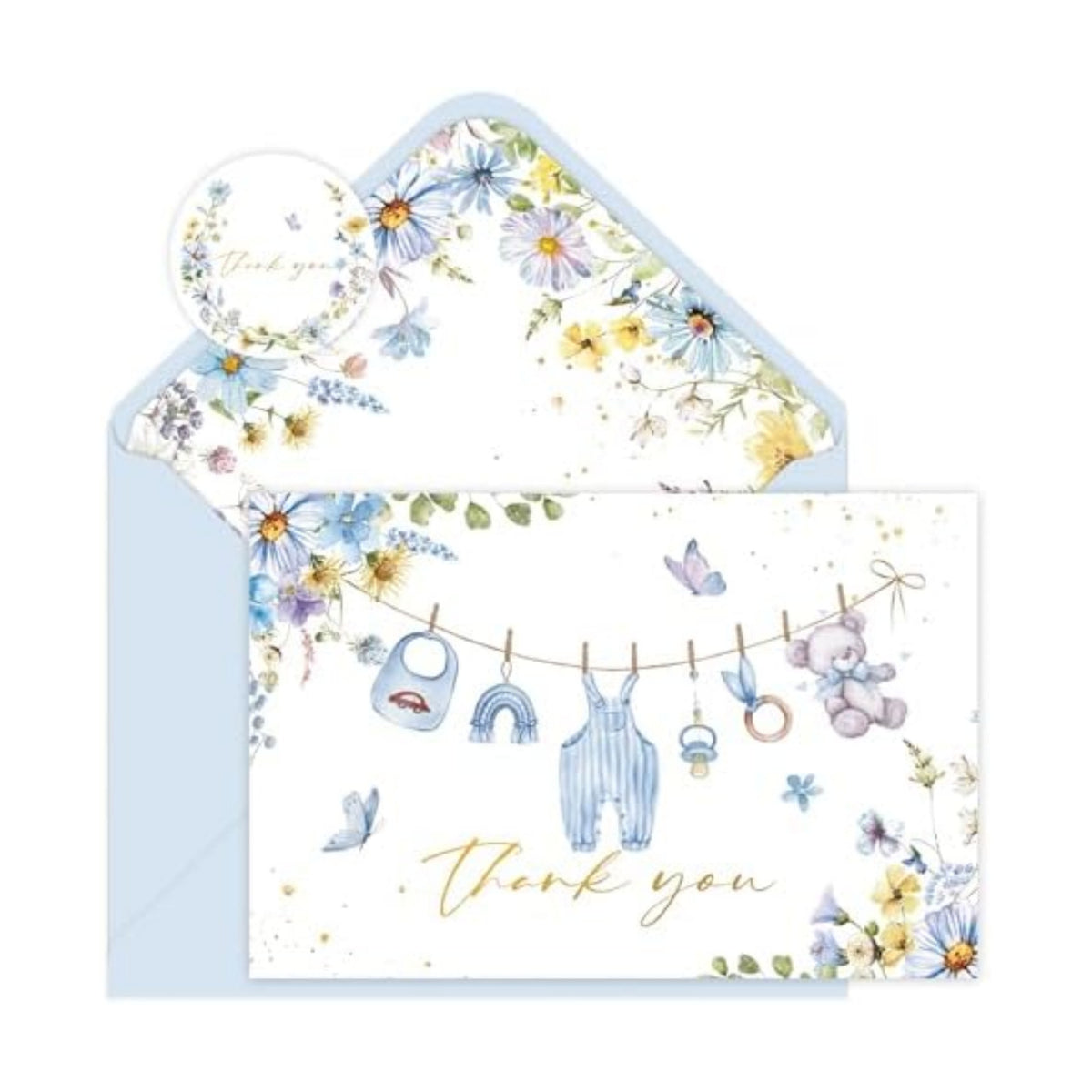 48 Pack Blue Flower Baby Shower Thank You Cards, Boy Baby Gift Card with Envelopes and Stickers, Greeting Cards Bulk for Baby Shower Party