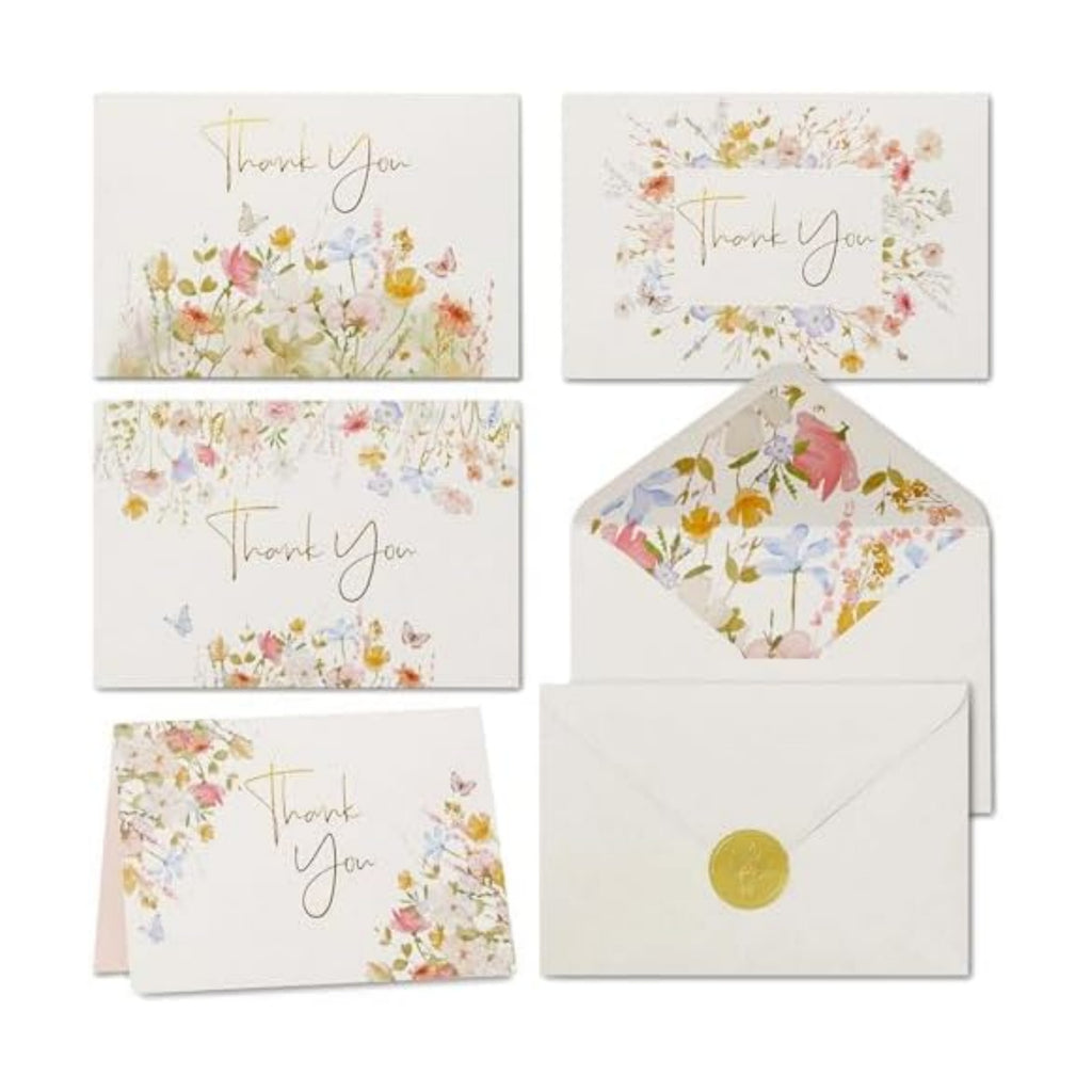 100 Floral Thank You Cards With Envelopes & Stickers - Pretty Wildflower & Gold Foil Assorted Greeting Notes pack for Wedding, Baby & Bridal Shower - Cute 4x6 Large Blank Flower Bulk Box Set