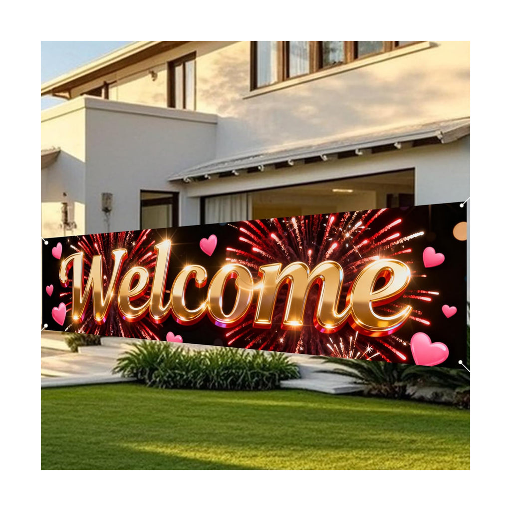 Nuxovilar Welcome Home Banner Golden Red Firework 17.7x78.7 Polyester