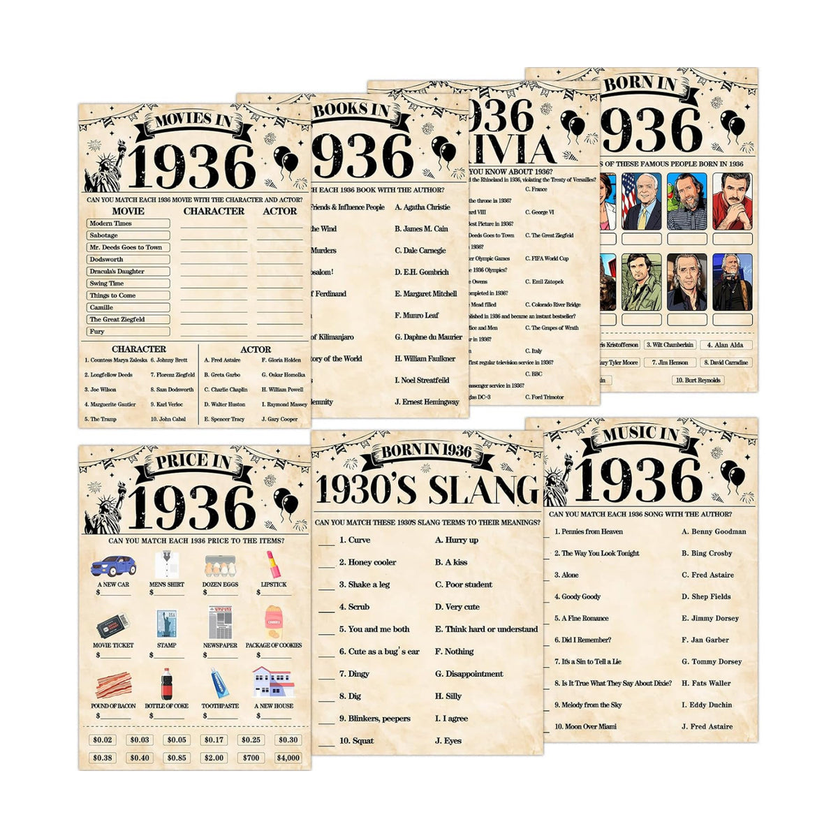 70Pcs 90th Birthday Party Games Born In 1936 Fun 1936 Trivia Music Slang Books Game Double-Sided Game Cards Vintage 90th Birthday Party Supplies for 90 Year Old Activity Anniversary Class Reunion