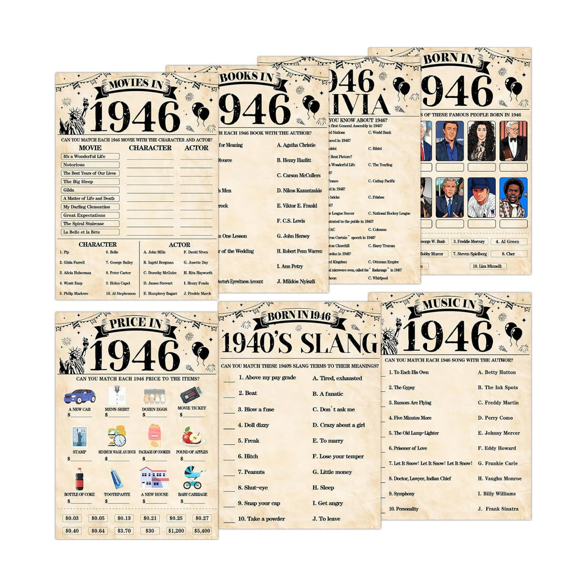 70Pcs 80th Birthday Party Games Born In 1946 Fun 1946 Trivia Music Slang Books Game Double-Sided Game Cards Vintage 80th Birthday Party Supplies for 80 Year Old Activity Anniversary Class Reunion