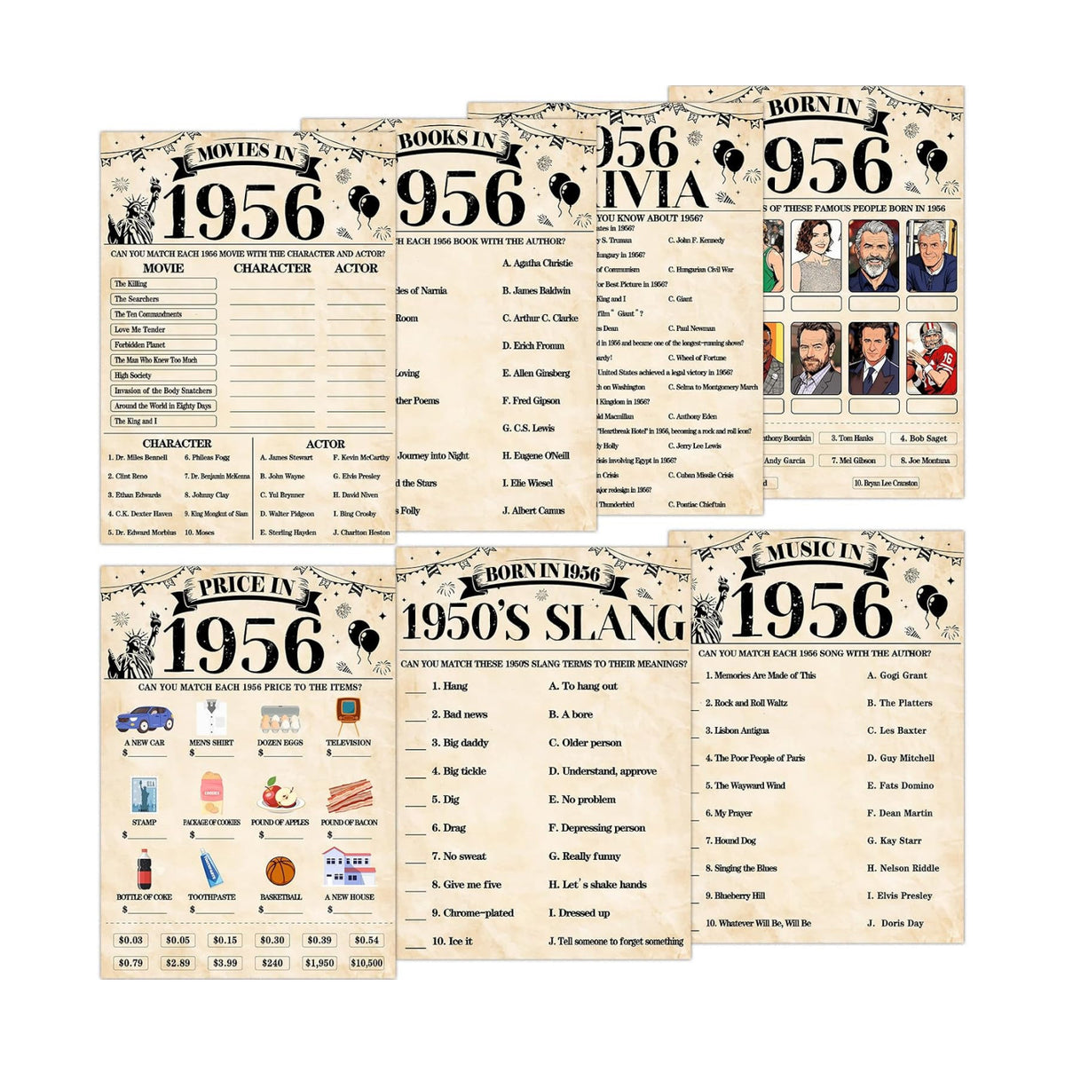 70Pcs 70th Birthday Party Games Born In 1956 Fun 1956 Trivia Music Slang Books Game Double-Sided Game Cards Vintage 70th Birthday Party Supplies for 70 Year Old Activity Anniversary Class Reunion