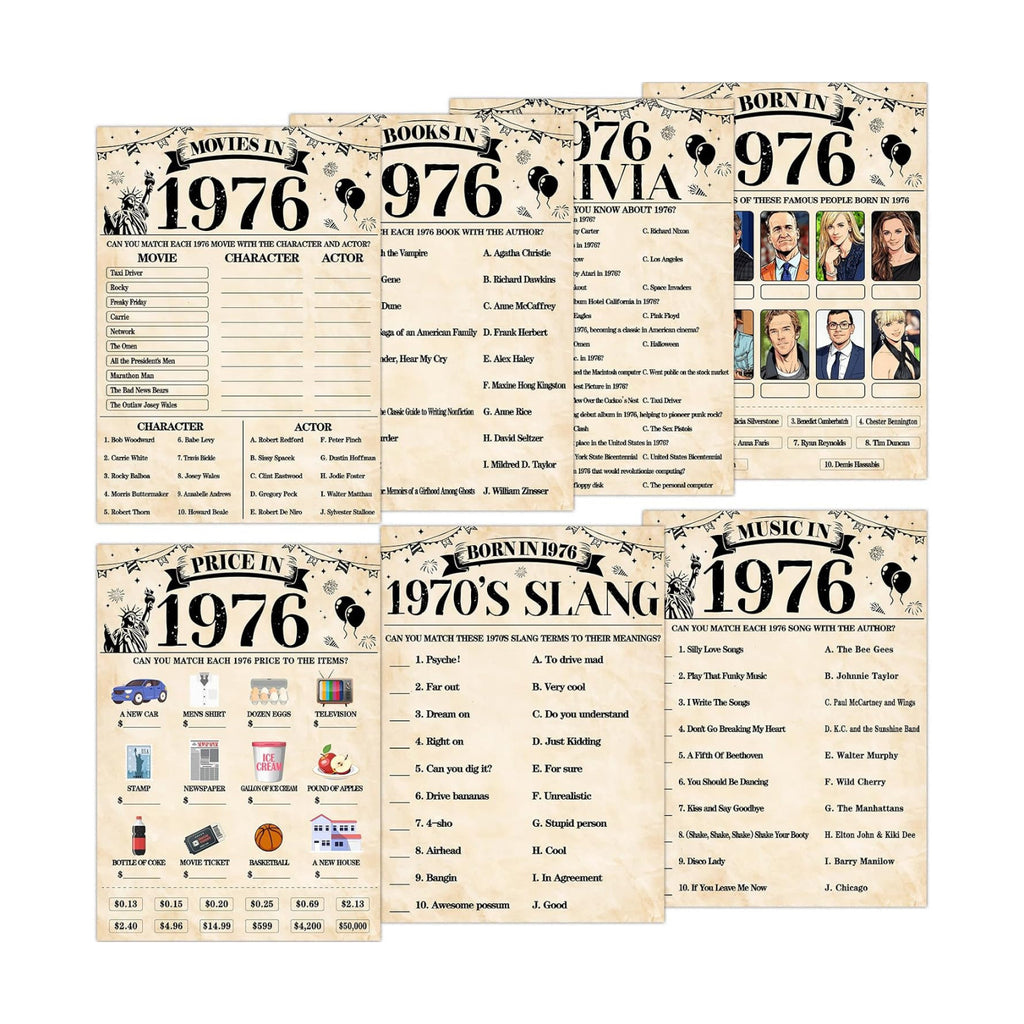 70Pcs 50th Birthday Party Games Born In 1976 Fun 1976 Trivia Music Slang Books Game Double-Sided Game Cards Vintage 50th Birthday Party Supplies for 50 Year Old Activity Anniversary Class Reunion