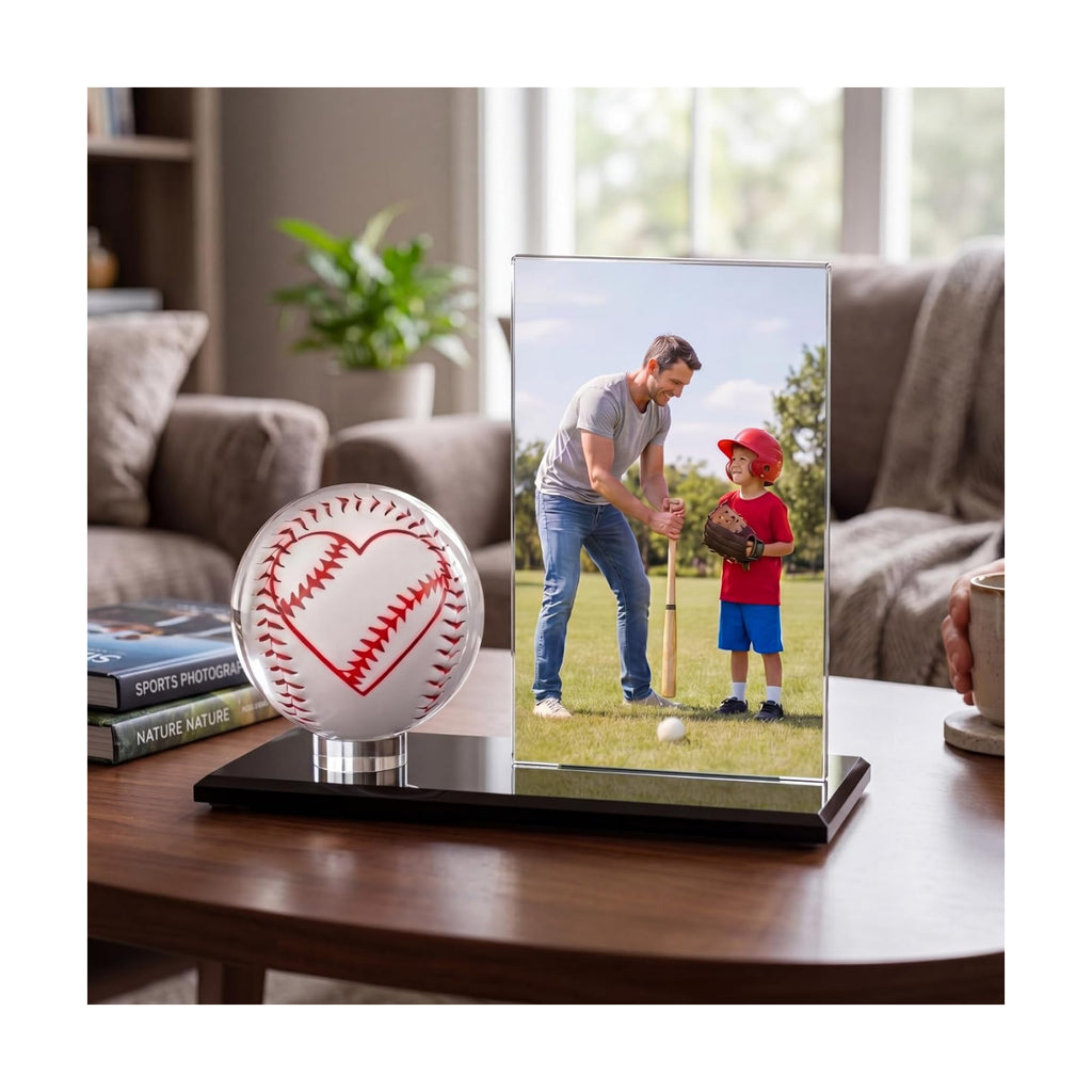 Colingmill Red Heart Baseball Dad Gifts Picture Frame and Baseball Display Case Set Ball and Card Holder for Dad Husband Boyfriend Home Office Table Decoration