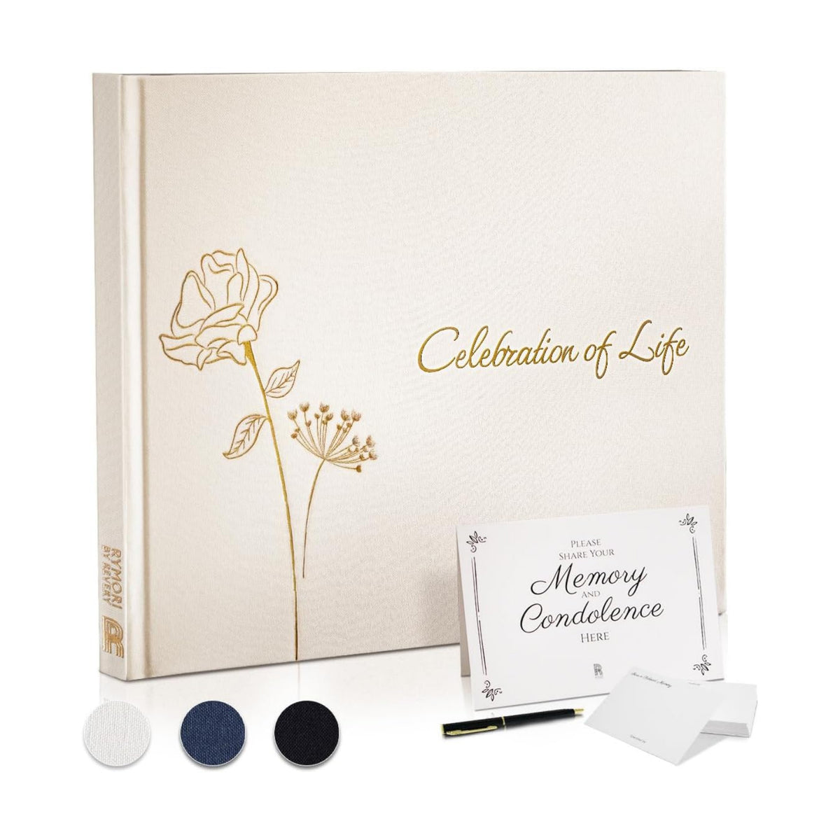 Rymori Funeral Guest Book for Memorial Service - with Pen, Cards, Table Sign & Back Pocket, Guests Sign in Book Celebration of Life | in Loving Memory Memorial Service Guest Book, White Natural Linen
