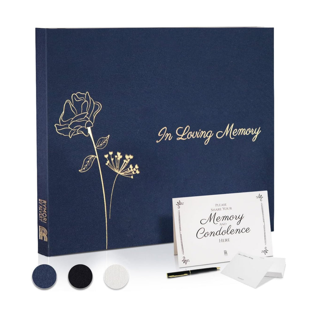 Rymori Funeral Guest Book for Memorial Service - with Pen, Cards, Table Sign & Back Pocket, Guests Sign in Book in Loving Memory | Celebration of Life Memorial Service Guest Book, Navy Blue Linen