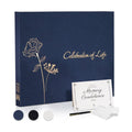 Rymori Funeral Guest Book for Memorial Service - with Pen, Cards, Table Sign & Back Pocket, Guests Sign in Book Celebration of Life | in Loving Memory Memorial Service Guest Book, Navy Blue Linen