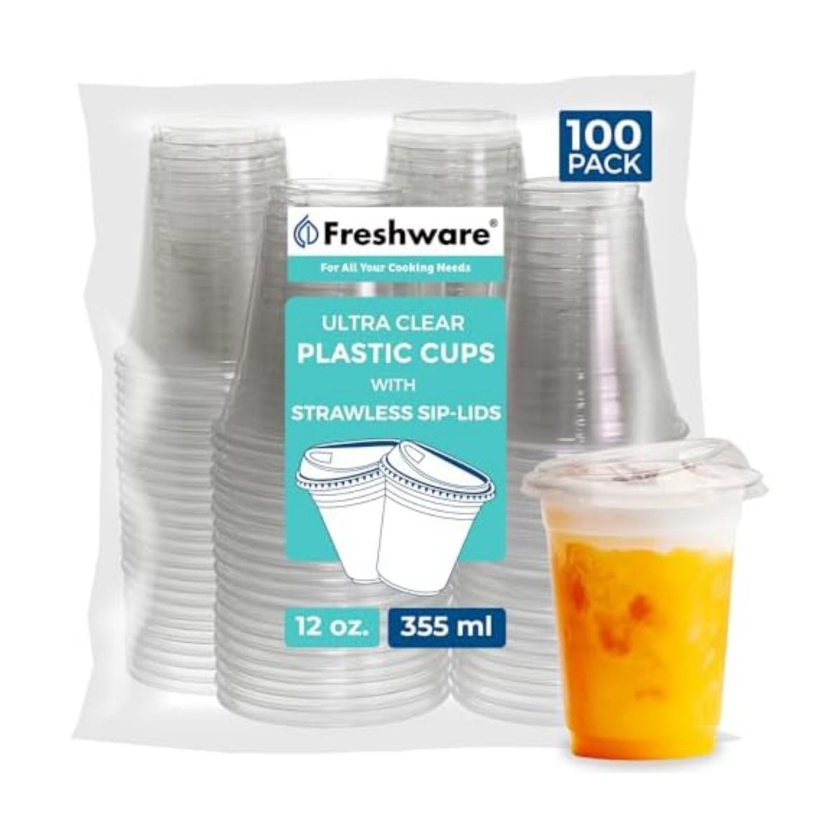 Freshware Clear Plastic Cups with Strawless Sip Lids [100 Cups - 12 oz] Disposable Cup for Iced Coffee, Smoothie, Milkshake, Cold Drinks