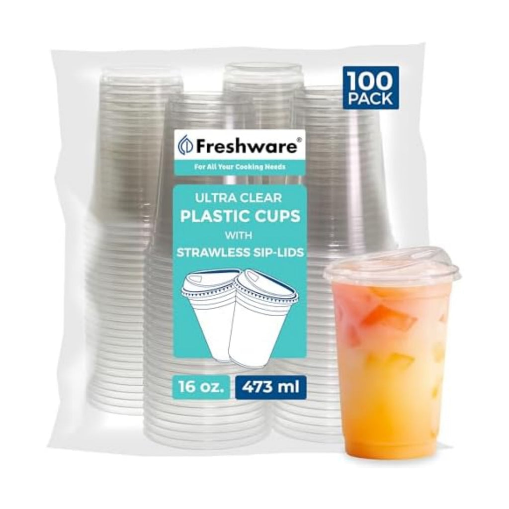 Freshware Clear Plastic Cups with Strawless Sip Lids [100 Cups - 16 oz] Disposable Cup for Iced Coffee, Smoothie, Milkshake, Cold Drinks