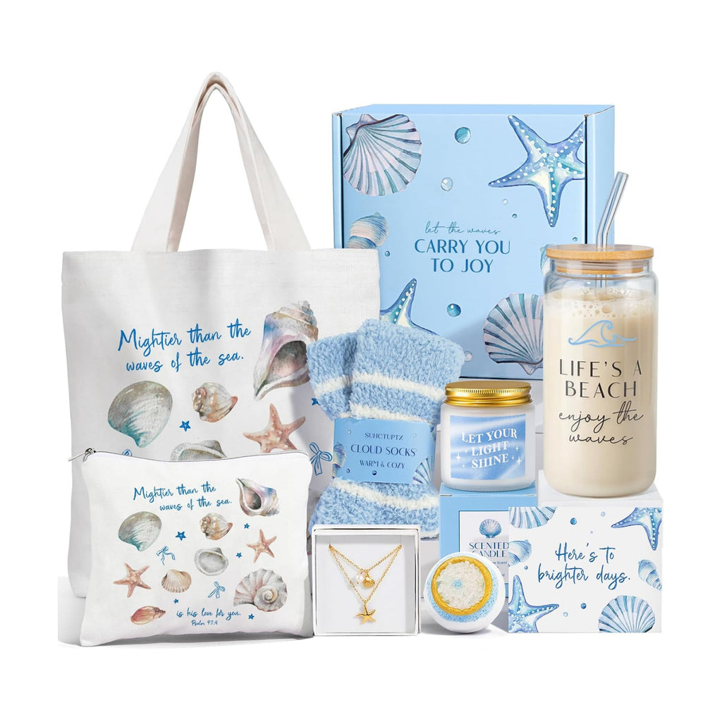 Gifts for Women, 8pcs Ocean Happy Birthday Gifts for Women, Christmas Ideas Inspirational Get Well Soon Gift Baskets Mothers Day Box w/Seashell Tote Bag for Her Mom Sister Friend Friendship