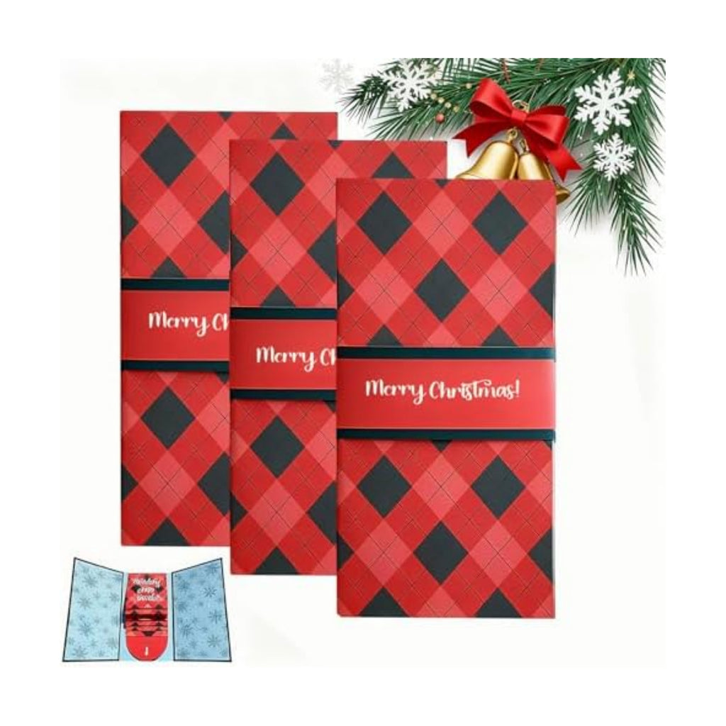 Handmade Christmas Gift Card Booklet 3 Pack, Red Plaid Gift Card Holder with Merry Christmas Text, (3pcs)