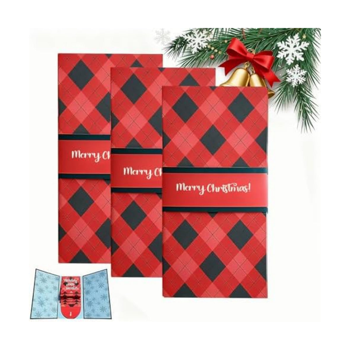 Handmade Christmas Gift Card Booklet 3 Pack, Red Plaid Gift Card Holder with Merry Christmas Text, (3pcs)