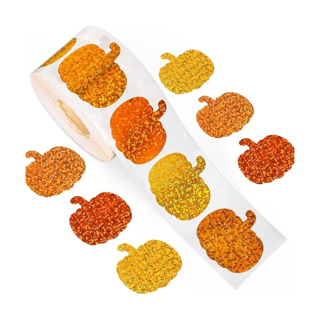 500Pcs Fall Thanksgiving Pumpkin Stickers Roll - Laser Pumpkin Shaped Self-Adhesive Stickers, 3 Orange Sparkly Waterproof Decals for Easter Autumn Party Cards Seal Envelopes Supplies Scrapbook Decor