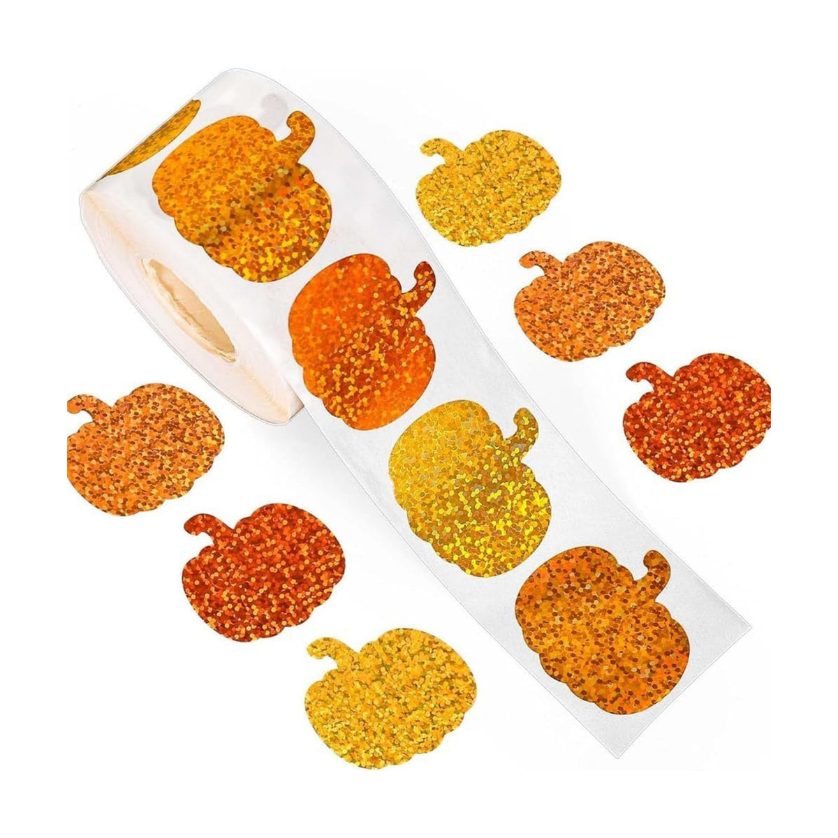 500Pcs Fall Thanksgiving Pumpkin Stickers Roll - Laser Pumpkin Shaped Self-Adhesive Stickers, 3 Orange Sparkly Waterproof Decals for Easter Autumn Party Cards Seal Envelopes Supplies Scrapbook Decor