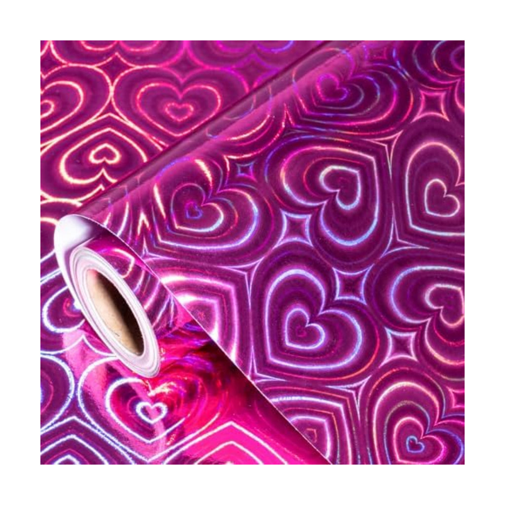 WRAPAHOLIC Heart Wrapping Paper Roll - Mini Roll - 17 Inch x 16.5 Feet - Hot Pink Heart Metallic Holographic Wrapping Paper for Valentines Day, Birthday, Wedding, Baby Shower, Bridal Shower