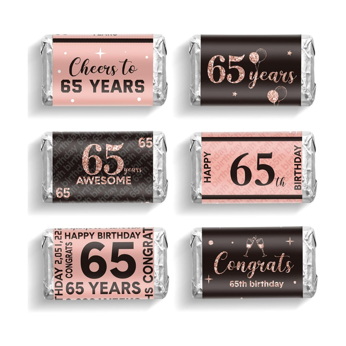 Tenare 90 Pcs 65th Birthday Candy Wrappers, Pink Stickers