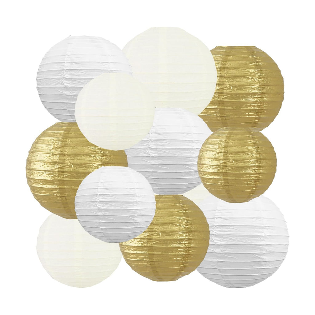 BEISHIDA Gold White Paper Lanterns 12Pcs 6/8/10/12 Inch Round Chinese Lamp