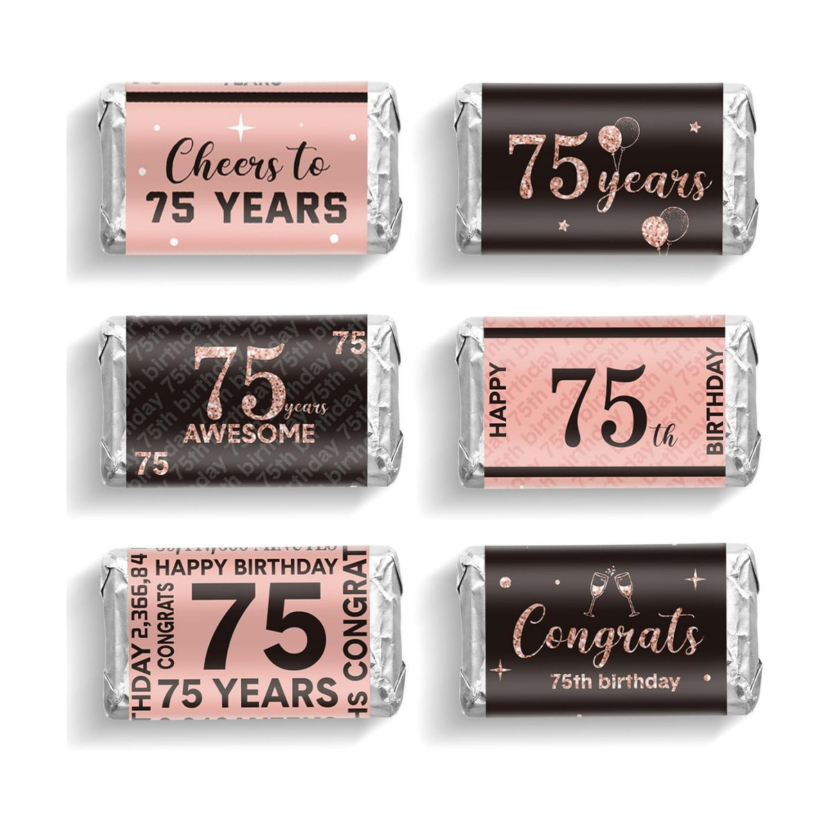 Tenare 90 Pcs 75th Birthday Candy Wrappers, Pink Stickers