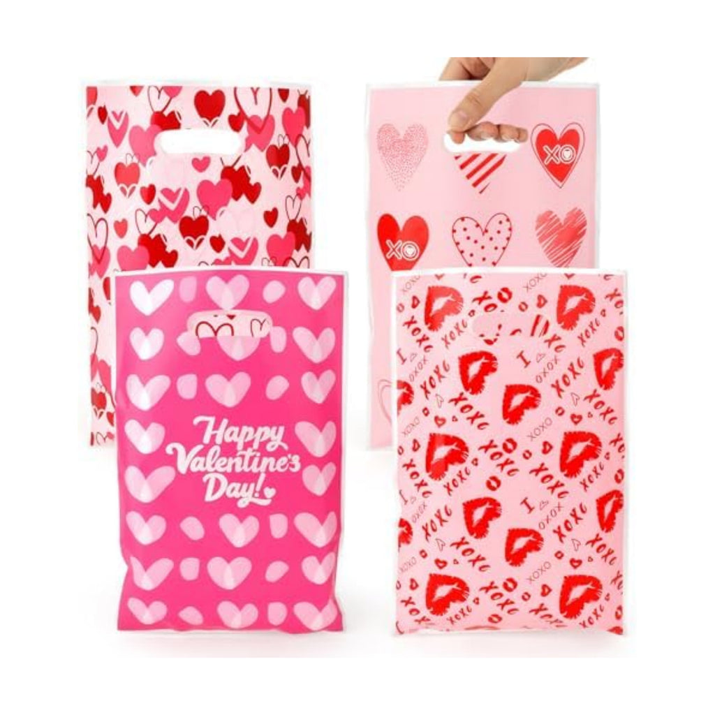 Valentines Treat Bags, 100PCS Valentines Gift Bags with Handles, 7x10 Inch Plastic Happy Valentine's Day Goodie Cookie Candy Bag for Valentine's Day Wedding Anniversary Engagement Party Favor Supplies