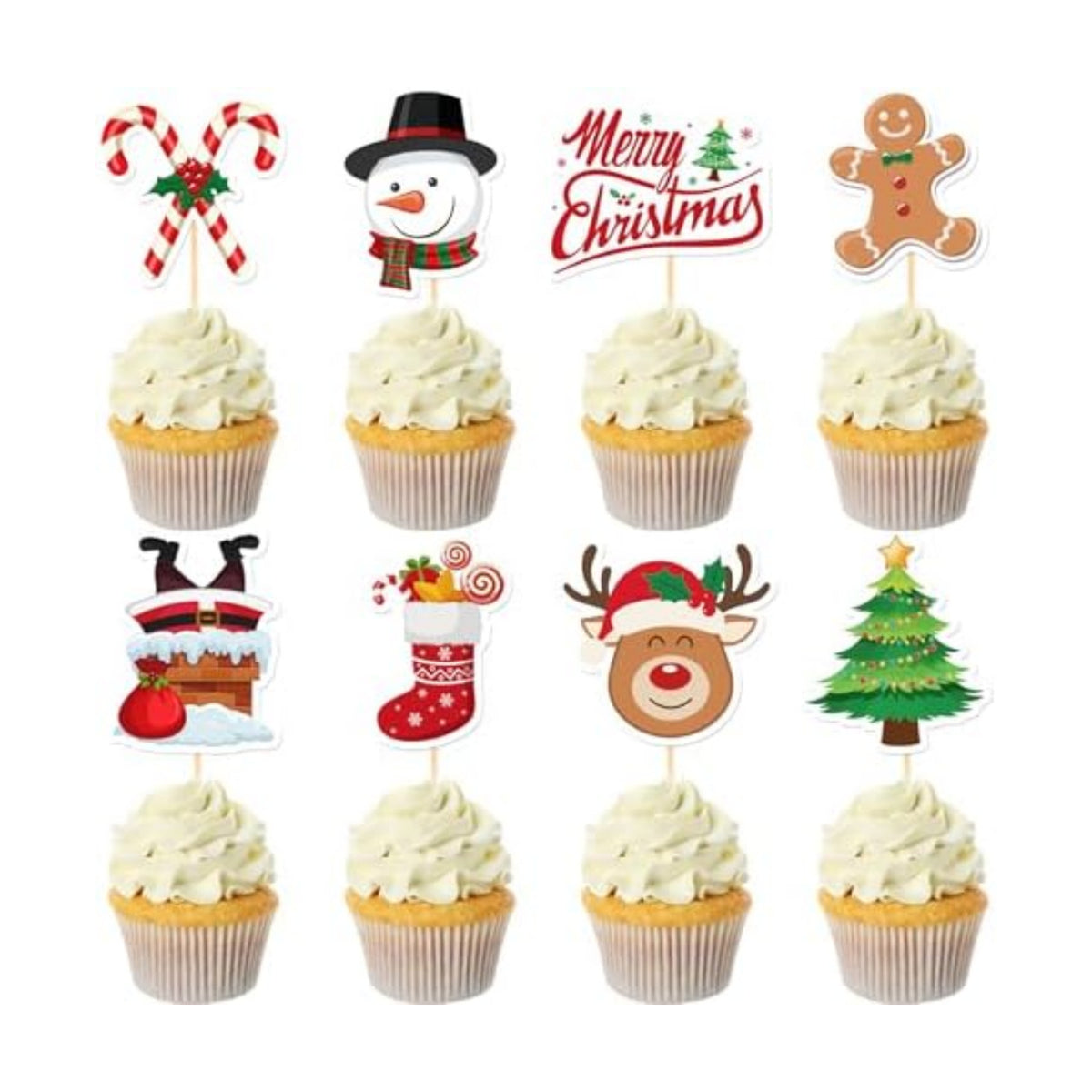 NEBURORA 64 Pieces Christmas Cupcake Toppers Santa Snowmen Cake Picks Merry Christmas Toothpick Flags for Party Decorations Supplies