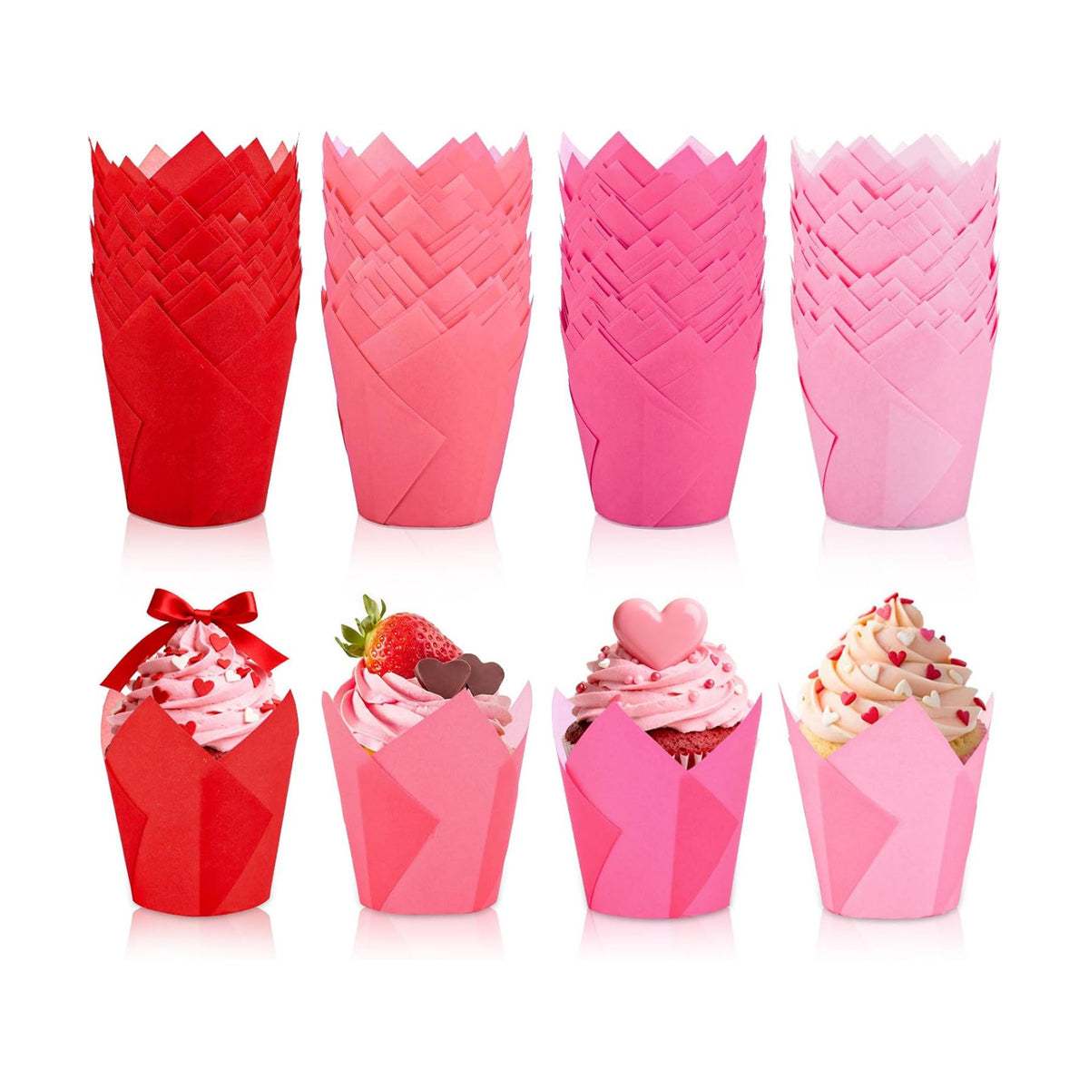 Whaline 200Pcs Valentine's Day Tulip Cupcake Liners Muffin Baking Cups Gradient Red Pink Cupcake Wrappers for Wedding Anniversary Party Supplies Table Decor