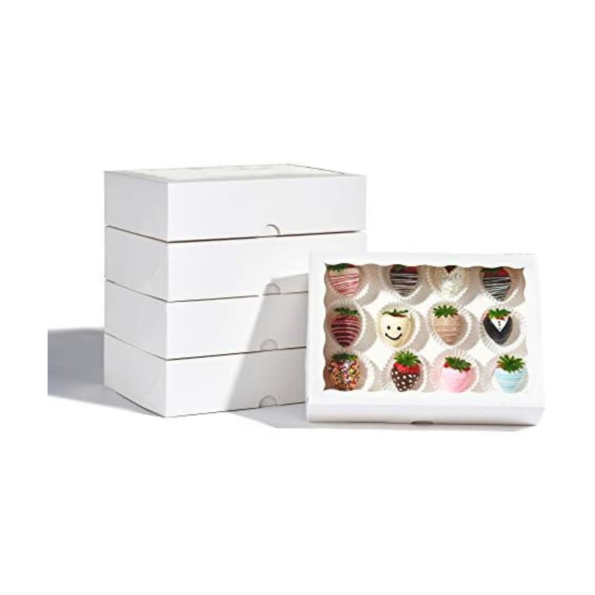 4 Pack 10x7x2.5Inches White Strawberry Boxes with Display Window, Bakery Dessert Containers for Cookies, Donuts, Macarons, Muffins & Hot Cocoa Bombs, Elegant Gift Packaging for Treatss