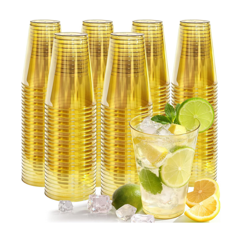 Glowserve 200 Pack 12 oz Gold Disposable Plastic Cups Cocktail Glasses