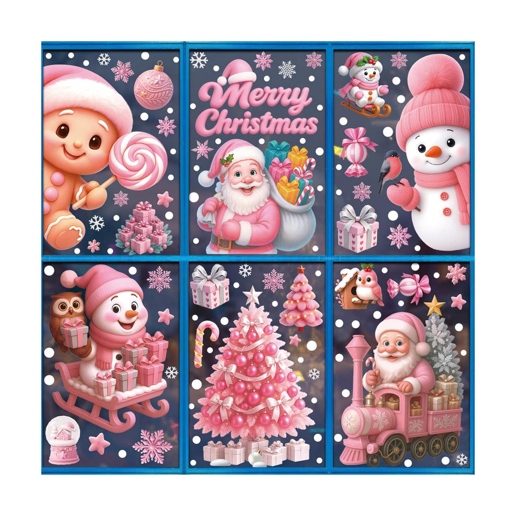 Christmas Window Clings Stickers for Glass Snowman Santa Deer Christmas Tree Stickers Pink Double-Sided Static Decals for Winter Window Art Decoration