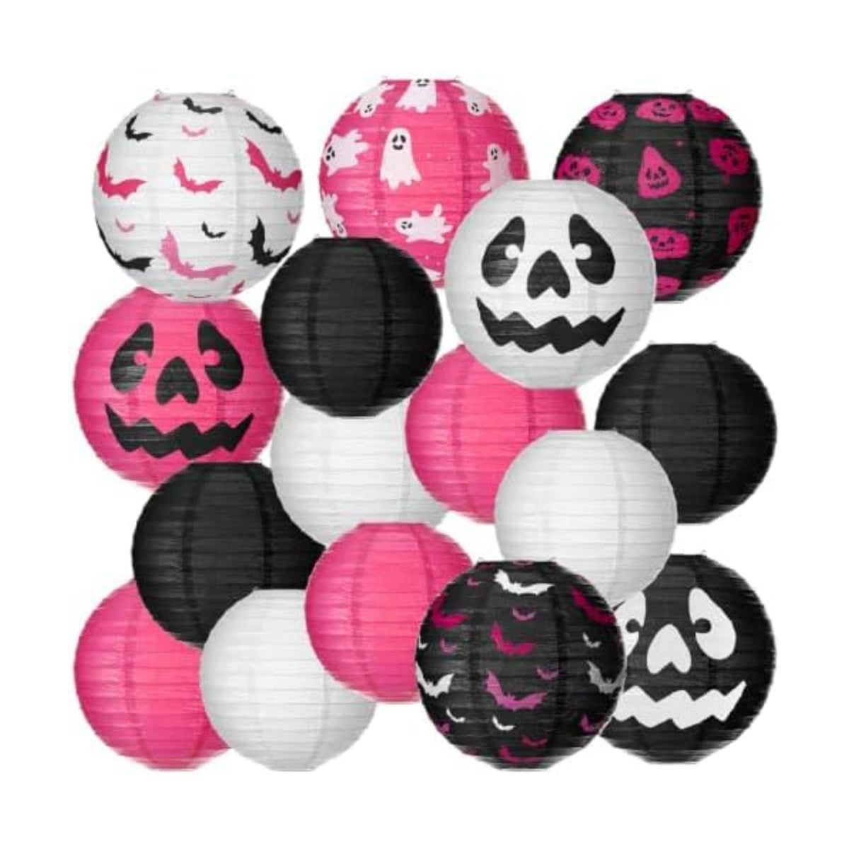 Bencailor 16 Pcs Halloween Paper Lanterns Ghost Bat Pumpkin Halloween Party Paper Lanterns Black White Red Round Hanging Party Decorations for Holiday Indoor Outdoor Decor