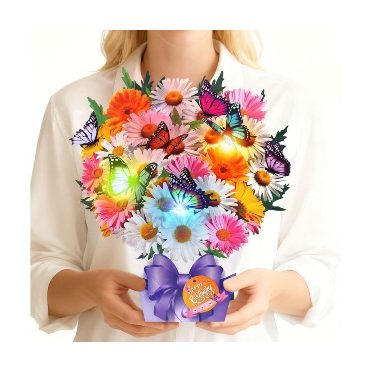 APOTODITO Birthday Cards, Butterfly & Daisy Birthday Card with Music and Light, Flower Bouquet 3D Card for Women Mom Wife