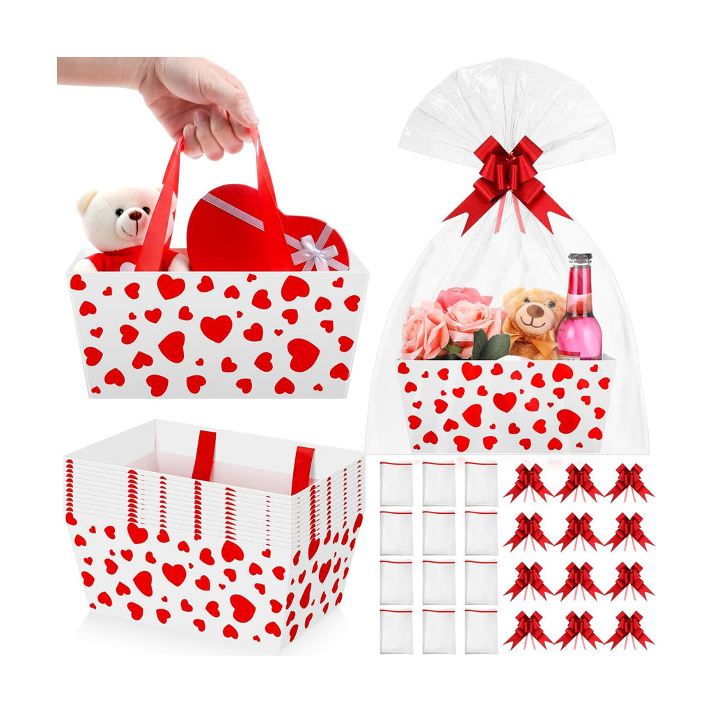 Moinchore 12 Set Mother's Day Basket for Gifts Empty 9.8x6.5'' Red Heart Market Tray Cardboard with Bows, Cellophane Bags, Twist Tiles, Empty to Fill for Valentine Birthday Bridal Wedding Party Supply