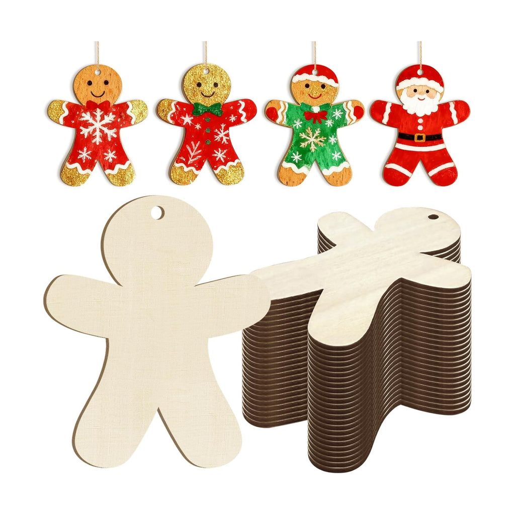 Wooden Christmas Gingerbread Man Ornaments to Paint Decoration Cutouts Unfinished 24PCS 3.5 inches, DIY Blank Unfinished Christmas Tree Ornament for Home Snowflakes Crafts Hanging
