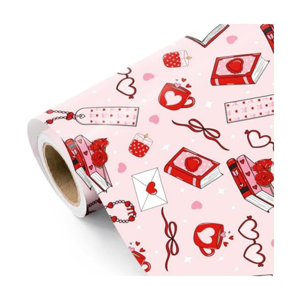 WRAPAHOLIC Valentines Day Wrapping Paper Roll - Mini Roll - 17 Inch x 16.5 Feet - Pink Love Hearts, Roses, Book Wrapping Paper, Perfect for Valentine’s Day, Wedding, Anniversary