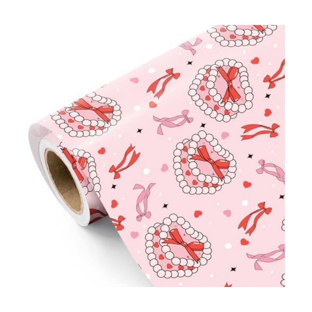 WRAPAHOLIC Valentines Day Wrapping Paper Roll - Mini Roll - 17 Inch x 16.5 Feet - Pearl Jewelry Box and Ribbon Bow Wrapping Paper for Valentine's Day, Wedding, Anniversary, Girl Women Birthday