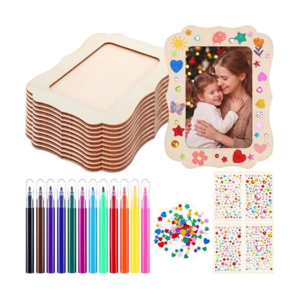 Yalikop 12 Pack Wooden Picture Frame Painting Craft Kit with Stickers DIY Craft Picture Frames for 4" x 6" Photos Unfinished Standing Photo Frame Decorate for Mother's Day DIY Crafts Gift