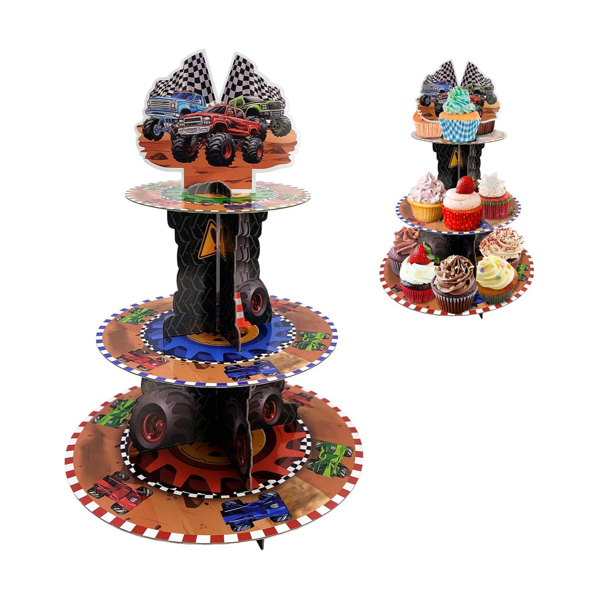 Race Car Theme Cupcake Stand - 3 Tier Cupcake Tower Decorations Dessert Holder for Table Display Truck Party Decor