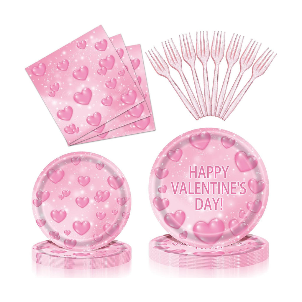 96 Pieces Valentine’s Day Tableware Set – Pink Heart Disposable Plates and Napkins for Romantic Dinners, Weddings, Anniversaries, and Valentine Parties – Serves 24 Guests