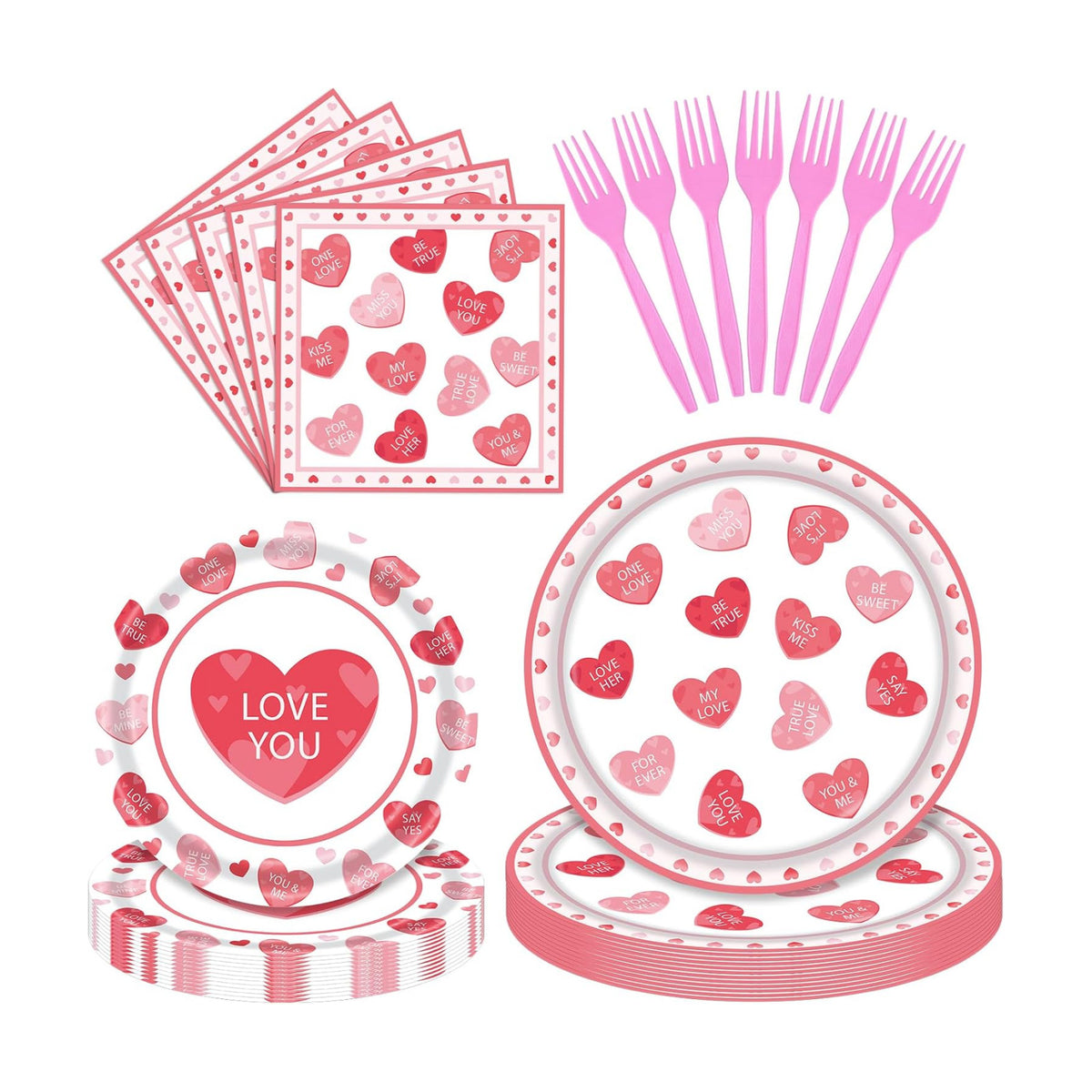 96 Pieces Valentine’s Day Tableware Set – Red and Pink Heart Message Disposable Plates, Napkins, Forks For Valentine’s Parties, Weddings, Anniversaries, Romantic Dinners – Serves 24 Guests