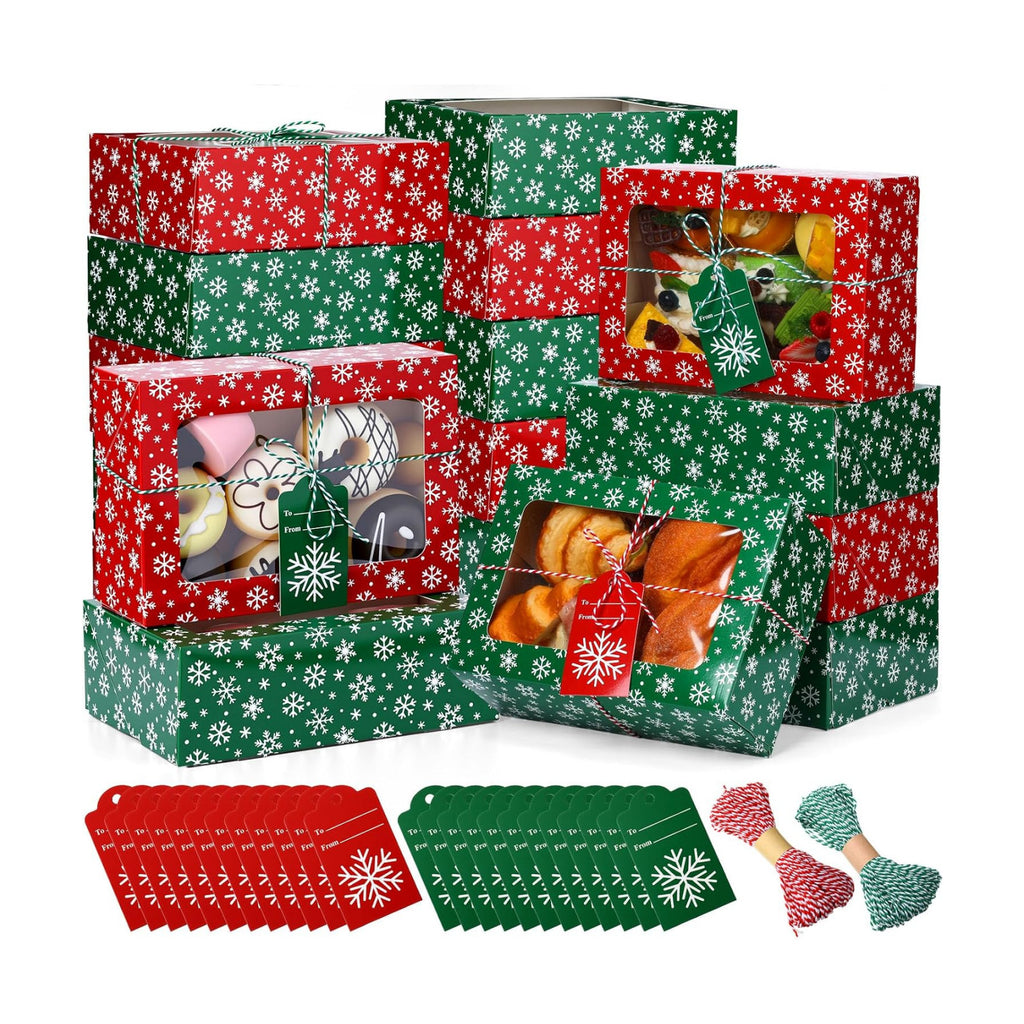 Glenmal 24 Pcs Christmas Cookie Boxes & Window, Snowflakes Pattern 9x6x3 in