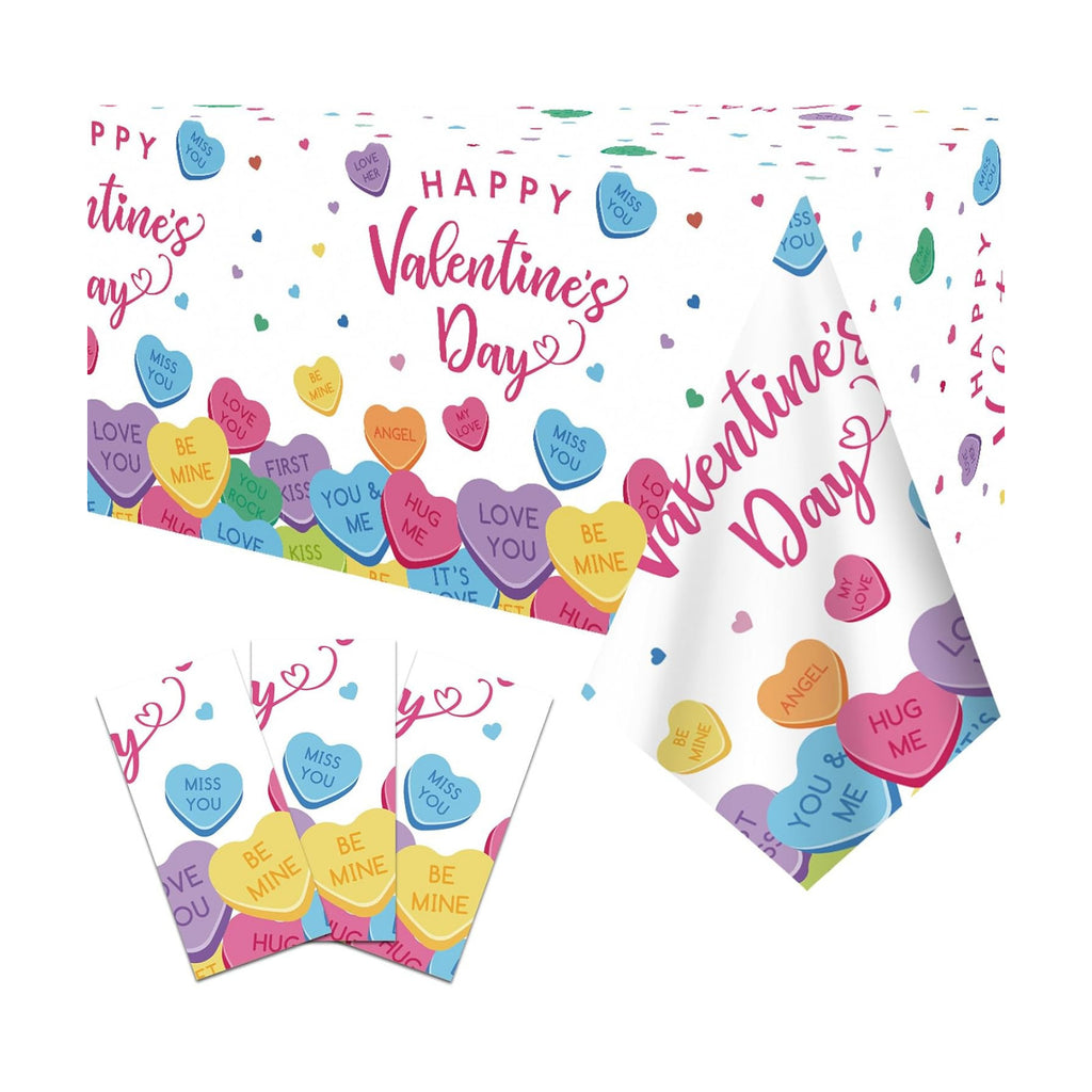 Gistome 3-Piece 54 x 108 Inch Valentine’s Day Plastic Tablecloth – Colorful Candy Heart Disposable Table Covers for Valentine’s Parties, Weddings, Classrooms, and Romantic Celebrations