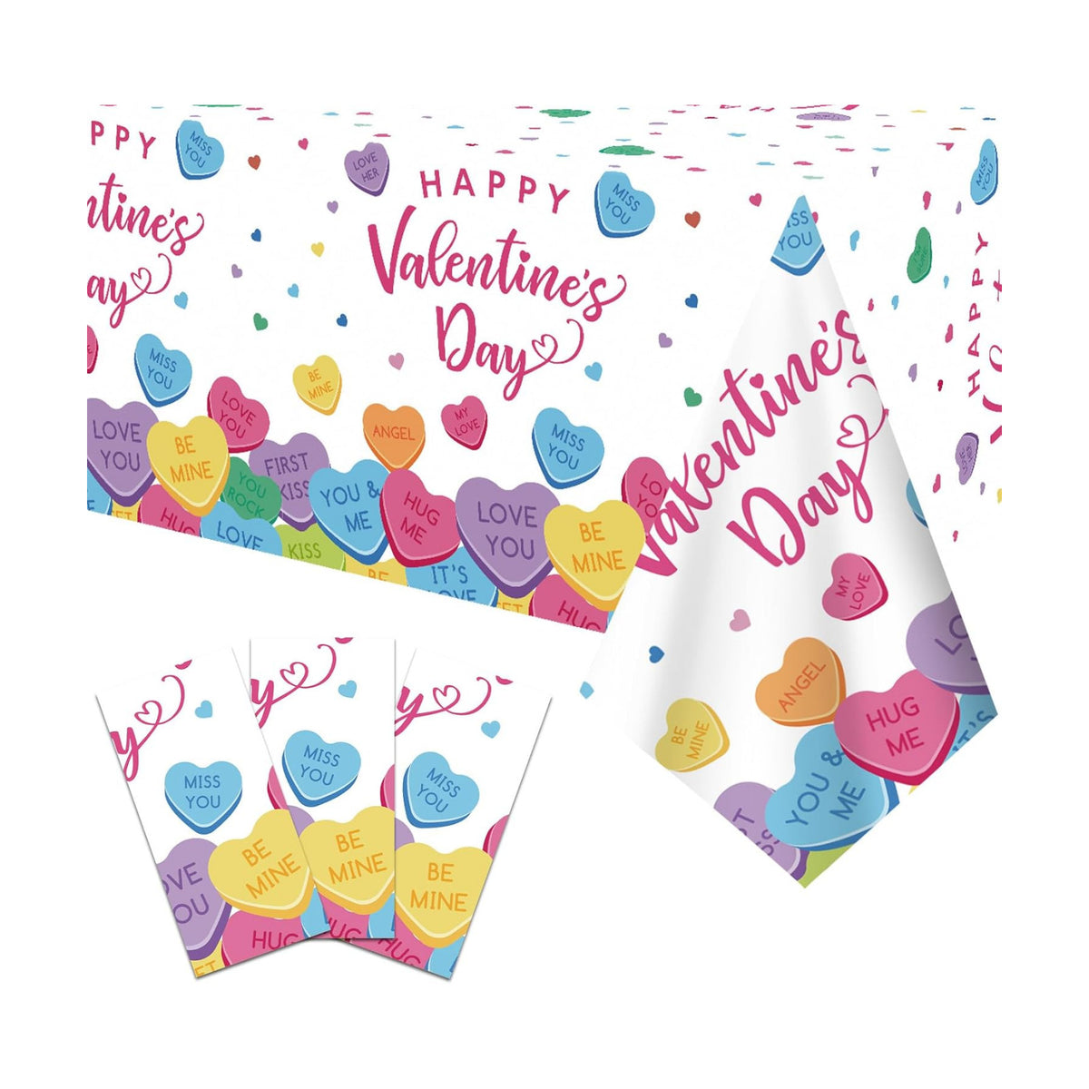 Gistome 3-Piece 54 x 108 Inch Valentine’s Day Plastic Tablecloth – Colorful Candy Heart Disposable Table Covers for Valentine’s Parties, Weddings, Classrooms, and Romantic Celebrations