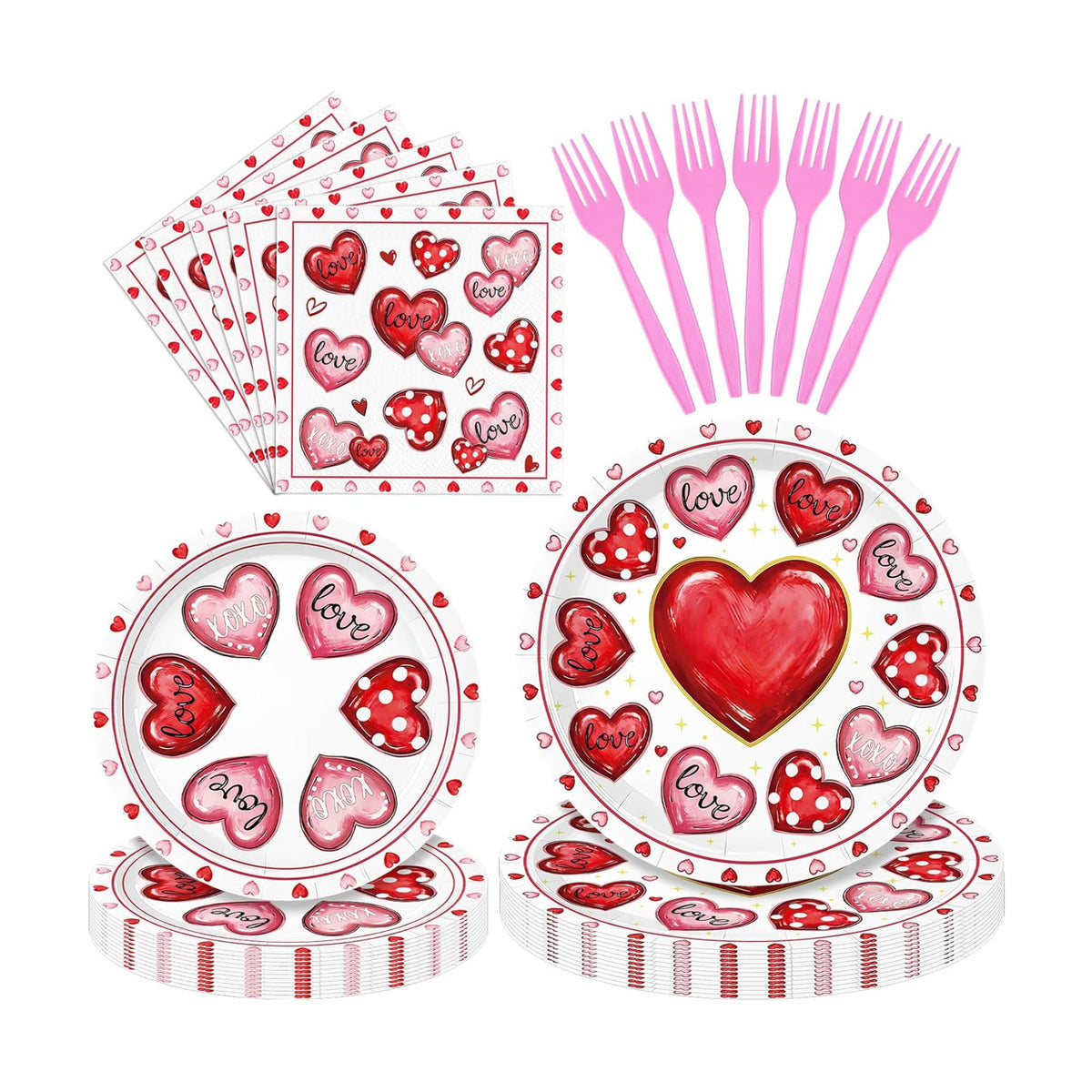 96 Pieces Valentine’s Day Tableware Set – Pink Red White Disposable Plates, Napkins, and Forks with Heart Designs for Valentine’s Parties, Weddings, and Romantic Celebrations – Serves 24 Guests