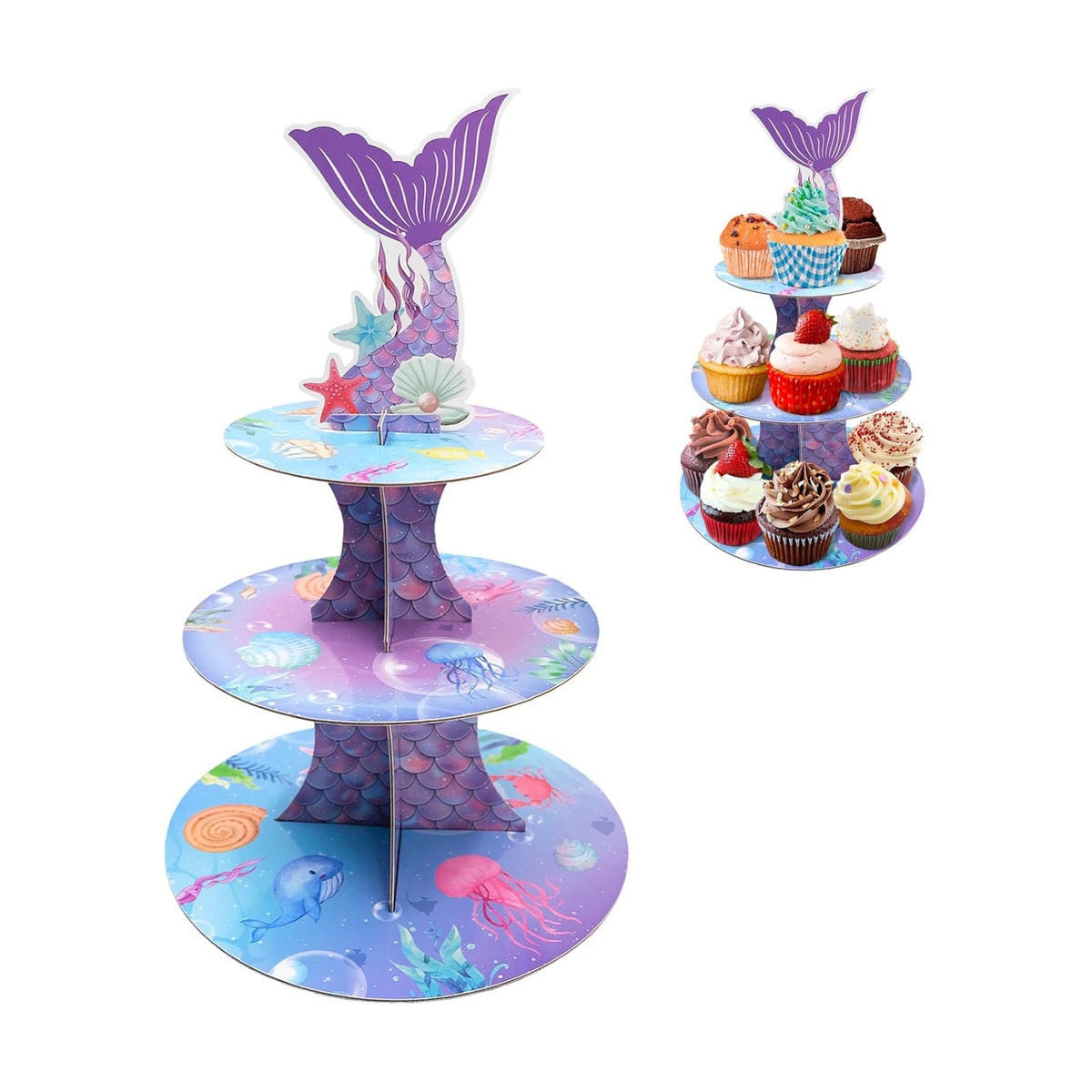 Mermaid Decor Cupcake Stand - 3 Tier Cupcake Tower Decorations Dessert Holder for Table Display Little Mermaid Birthday Party Decor