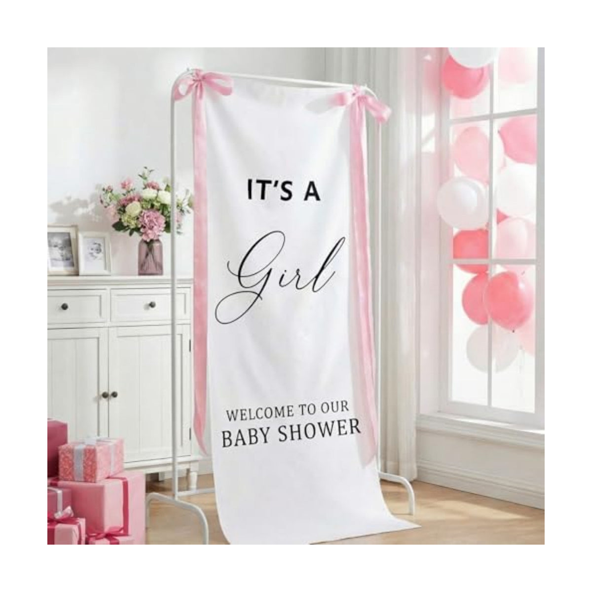 Oudain 60x24 Inch It's a Girl Banner Baby Shower Burlap Backdrop