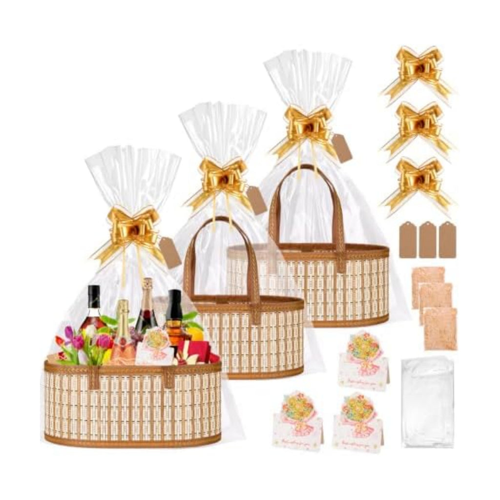 Dreamtop 3 Set Baskets for Gifts Empty, Woven Bamboo Gift Basket Empty Large with Handles, Sturdy Gift Basket Kit Empty to Fill for Christmas Birthday Baby Shower Wedding Gift