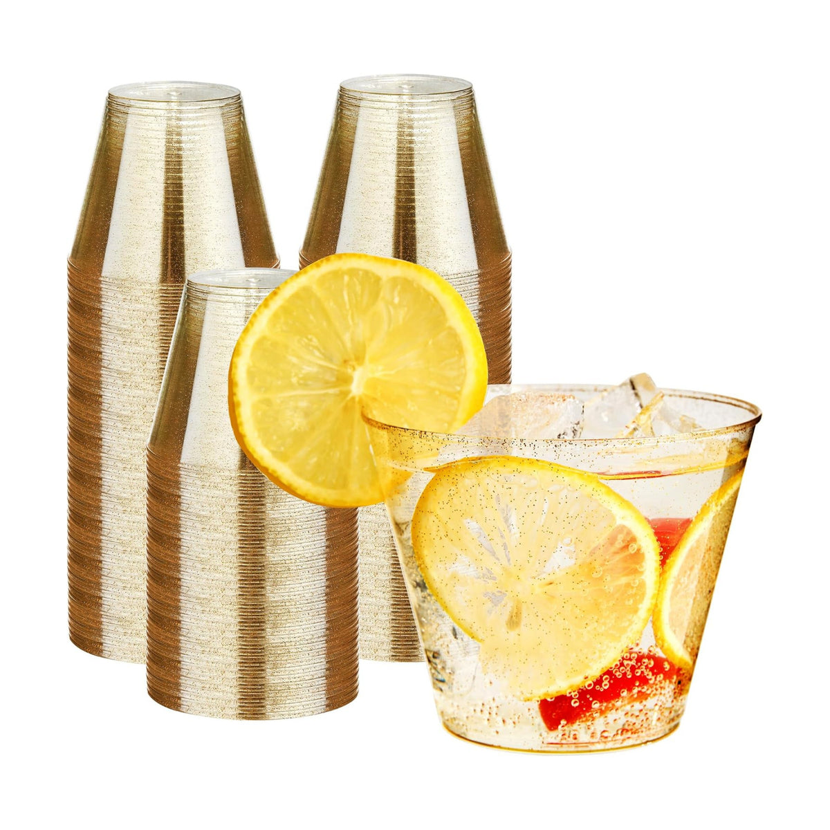 RACETOP 9 oz Gold Glitter Clear Plastic Cups, 100 Pack